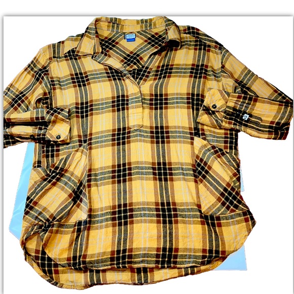 KAVU brown Tan Plaid 1/2 Button Flannel Shirt Big Front Pockets Tunic Cotton Med - Picture 1 of 13